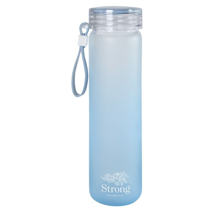 Strong Blue Frosted Glass Water Bottle - Proverbs 31:25